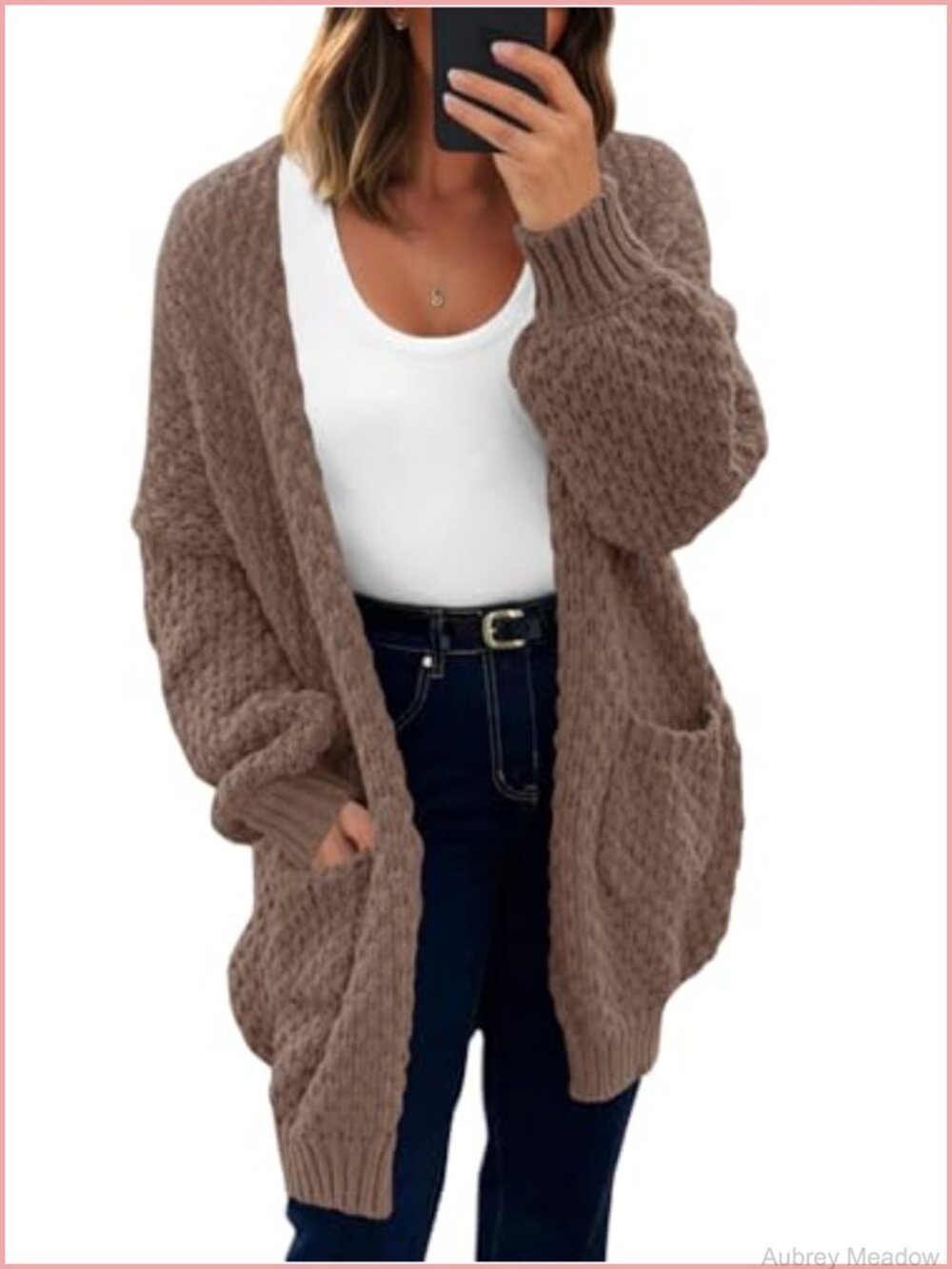 Oversized Open Front Waffle Knit Cardigan Lantern Sleeve Slouchy Loose Fit